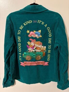 Hello Kitty Teal Corduroy Button-Down Shirt with Colorful Back Graphic